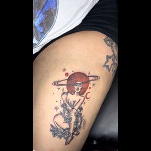 Afro-Futurism + Floral woman tattoo on Thigh by GraceSolArt on TattMe