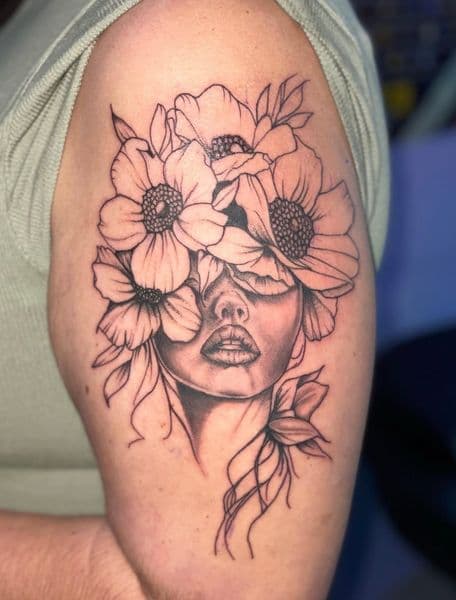 Black & Grey + Floral woman tattoo on Upper Arm by Visionaryinkstudios on TattMe