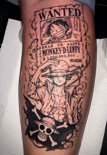 Anime + Black-work luffy tattoo on Calf by Visionaryinkstudios on TattMe