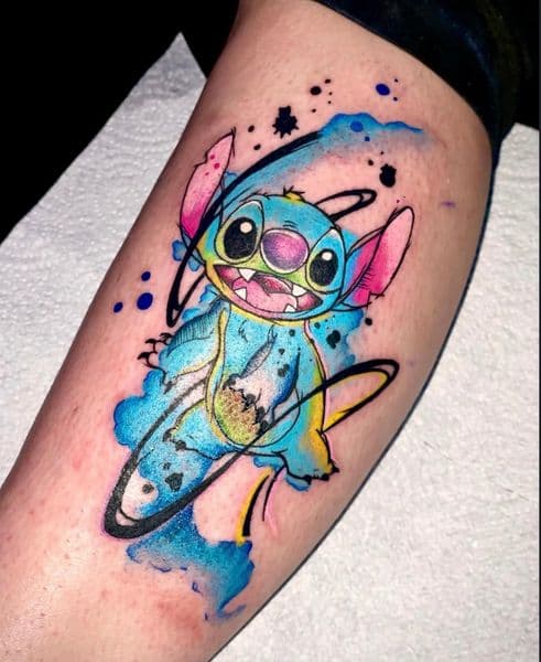 Watercolor + Pop Culture stitch tattoo on Calf by Visionaryinkstudios on TattMe