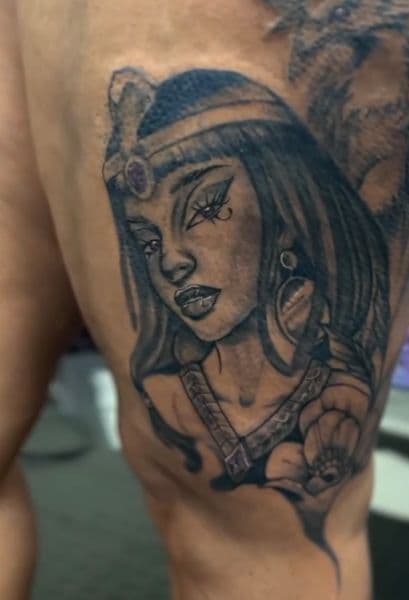 Black & Grey + Illustrative woman tattoo on Thigh by Gianni_Sage on TattMe