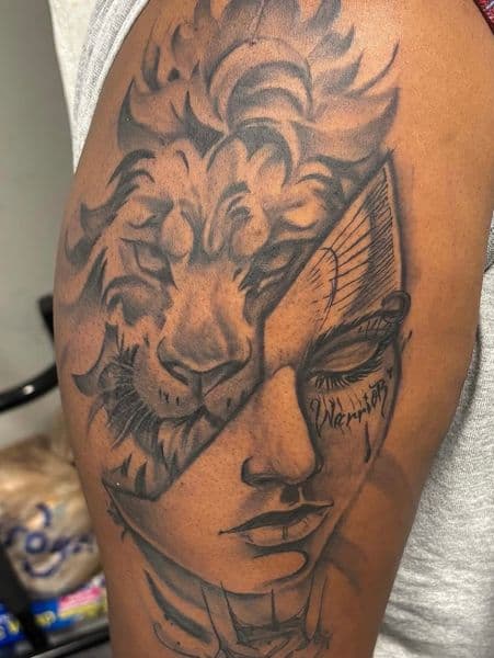 Black & Grey + Realism lion tattoo on Upper Arm by Gianni_Sage on TattMe