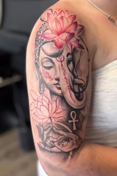 Black & Grey + Color buddha tattoo on Upper Arm by Gianni_Sage on TattMe