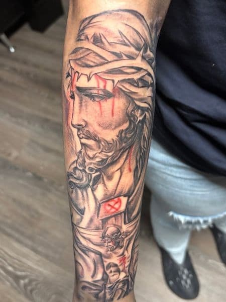 Black & Grey + Realism jesus tattoo on Forearm by Gianni_Sage on TattMe