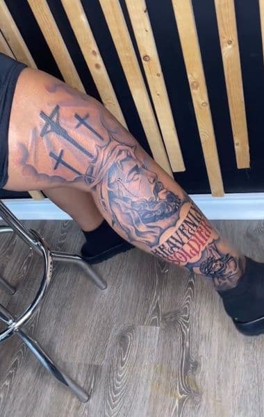 Black & Grey + Realism jesus tattoo on Full Leg Sleeve by Gianni_Sage on TattMe