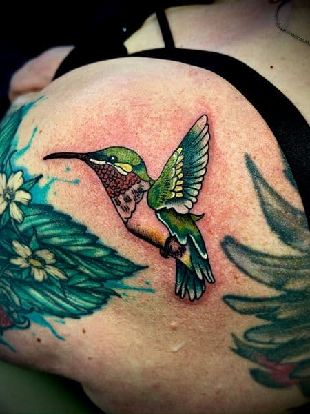 Color + Illustrative hummingbird tattoo on Shoulder Blade by Larissa_Potter on TattMe