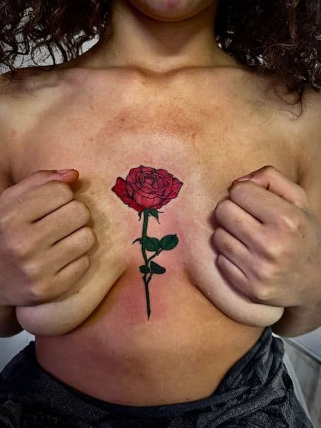 Color + Floral rose tattoo on Sternum by Larissa_Potter on TattMe