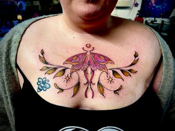 Color + Illustrative moth tattoo on Chest by Larissa_Potter on TattMe