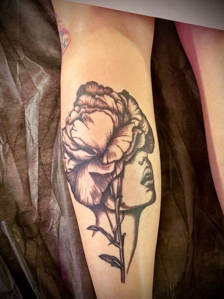 Black & Grey + Illustrative flower tattoo on Calf by Larissa_Potter on TattMe