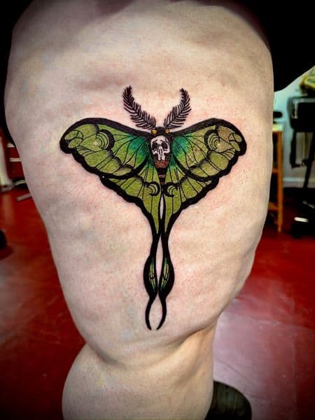 Neo-Traditional + Illustrative luna moth tattoo on Thigh by Larissa_Potter on TattMe