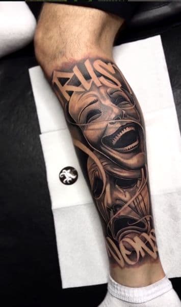 Black & Grey + Realism theatre masks tattoo on Calf by IK_INK on TattMe