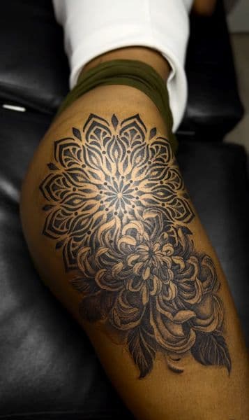 Mandala + Black-work mandala tattoo on Thigh by IK_INK on TattMe