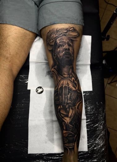 Black & Grey + Realism portrait tattoo on Calf by IK_INK on TattMe