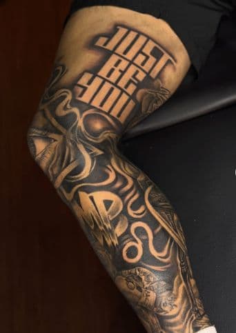 Black & Grey + Lettering lettering tattoo on Thigh by IK_INK on TattMe