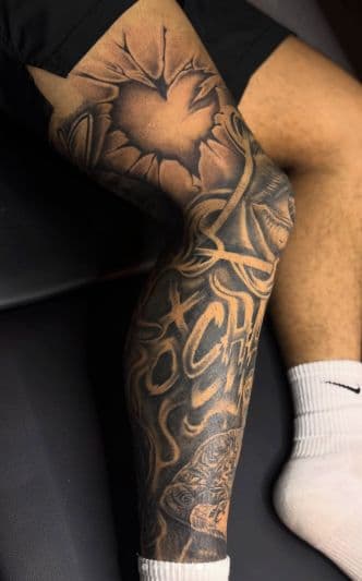 Black & Grey + Illustrative heart tattoo on Full Leg Sleeve by IK_INK on TattMe