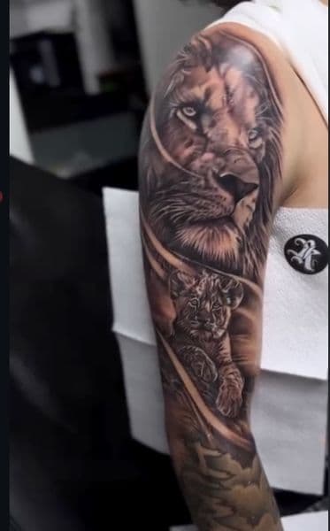 Realism + Black & Grey lion tattoo on Half Sleeve by IK_INK on TattMe