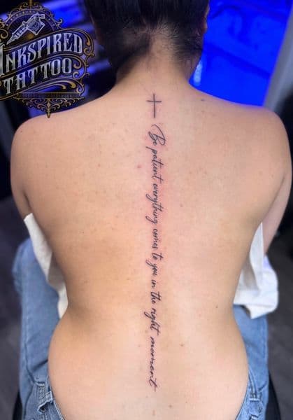 Fine Line + Lettering cross tattoo on Spine by _mjtattoos on TattMe