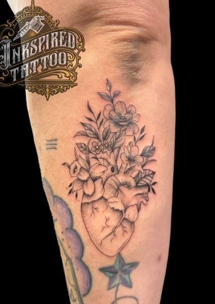 Fine Line + Black & Grey anatomical heart tattoo on Elbow by _mjtattoos on TattMe