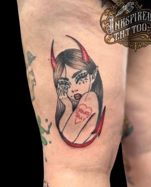 Illustrative + New School devil girl tattoo on Thigh by _mjtattoos on TattMe
