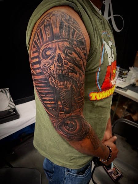 Black & Grey + Realism pharaoh tattoo on Full Sleeve by Inked_By_Tk on TattMe