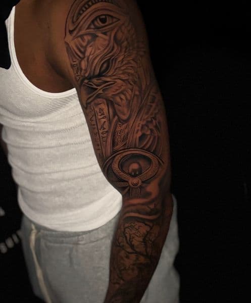 Black & Grey + Realism eye of horus tattoo on Full Sleeve by Inked_By_Tk on TattMe