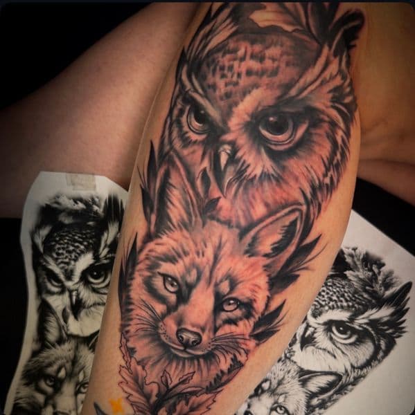 Black & Grey + Realism owl tattoo on Calf by Inked_By_Tk on TattMe
