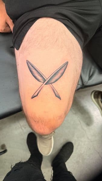 Black & Grey + Illustrative feathers tattoo on Thigh by Inked_By_Tk on TattMe