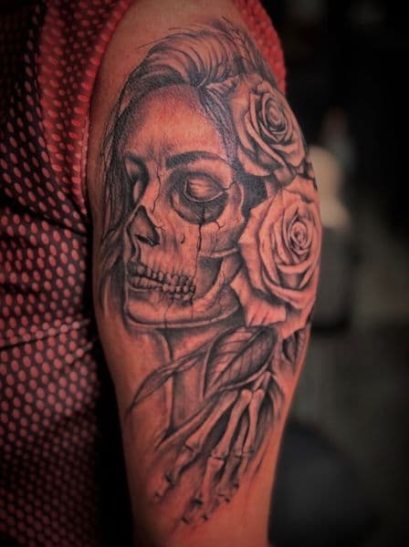 Black & Grey + Realism skull tattoo on Upper Arm by Inked_By_Tk on TattMe