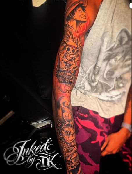 Anime + Illustrative luffy tattoo on Full Sleeve by Inked_By_Tk on TattMe