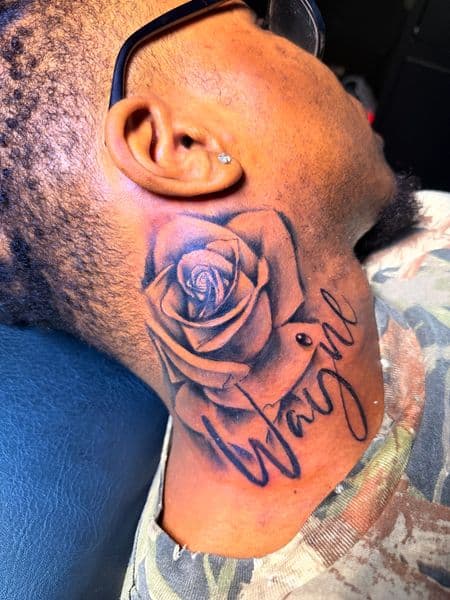 Black & Grey + Floral rose tattoo on Neck (Side) by Inked_By_Tk on TattMe