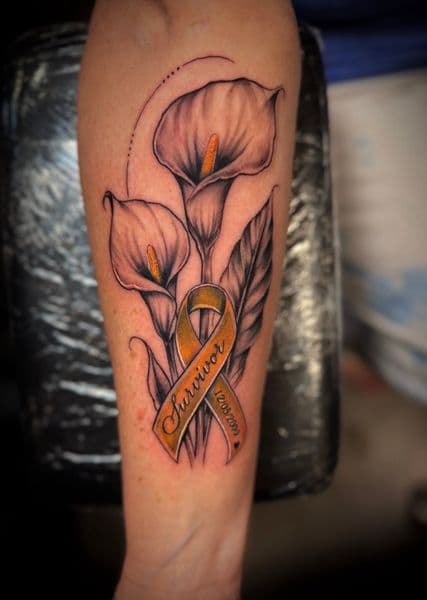 Black & Grey + Color calla lilies tattoo on Forearm by Inked_By_Tk on TattMe