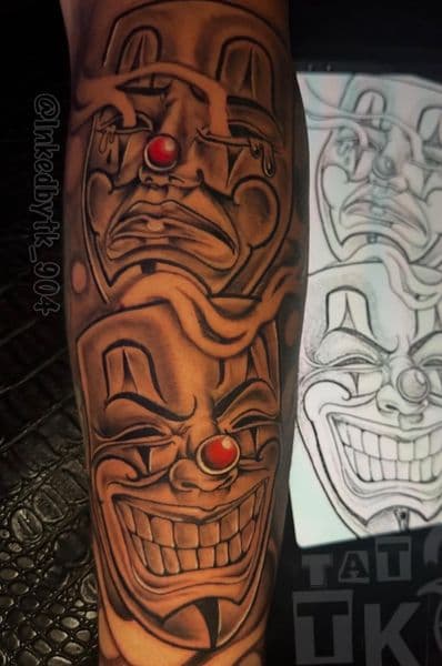 Black & Grey + Chicano clown masks tattoo on Forearm by Inked_By_Tk on TattMe