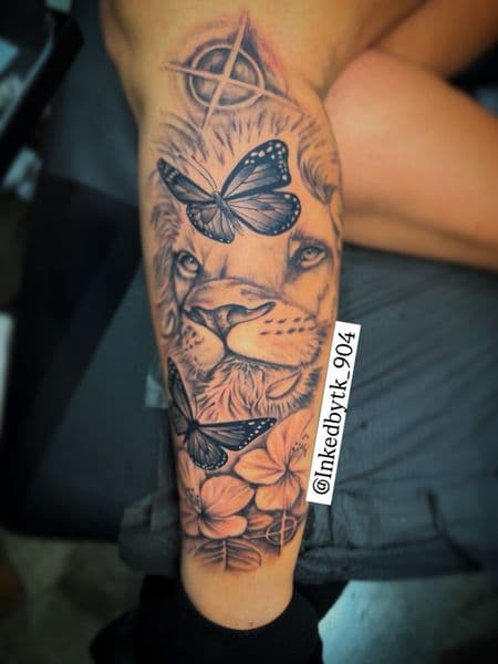 Black & Grey + Realism lion tattoo on Calf by Inked_By_Tk on TattMe