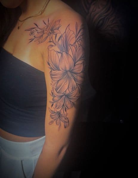 Fine Line + Black & Grey flowers tattoo on Upper Arm by Inked_By_Tk on TattMe