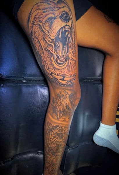 Realism + Black & Grey bear tattoo on Full Leg Sleeve by Inked_By_Tk on TattMe