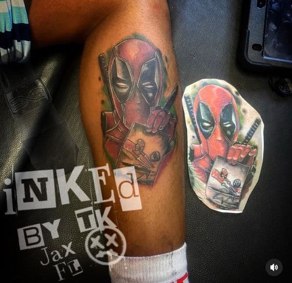 Color + Illustrative deadpool tattoo on Calf by Inked_By_Tk on TattMe