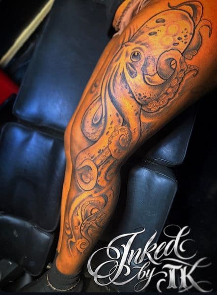Illustrative + Black & Grey octopus tattoo on Thigh by Inked_By_Tk on TattMe