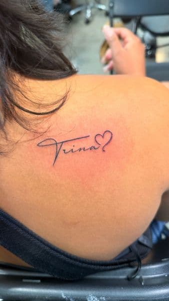 Lettering + Script name tattoo on Shoulder Blade by Inked_By_Tk on TattMe