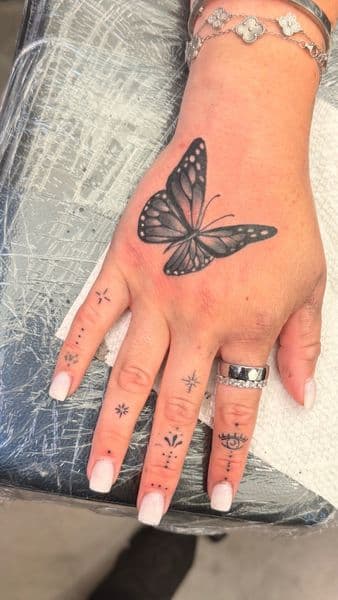 Fine Line + Black & Grey butterfly tattoo on Hand by Inked_By_Tk on TattMe