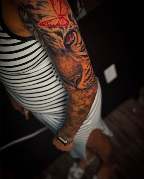 Realism + Color tiger tattoo on Half Sleeve by Inked_By_Tk on TattMe
