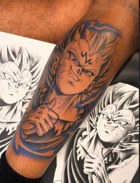 Anime + Illustrative vegeta tattoo on Calf by Inked_By_Tk on TattMe