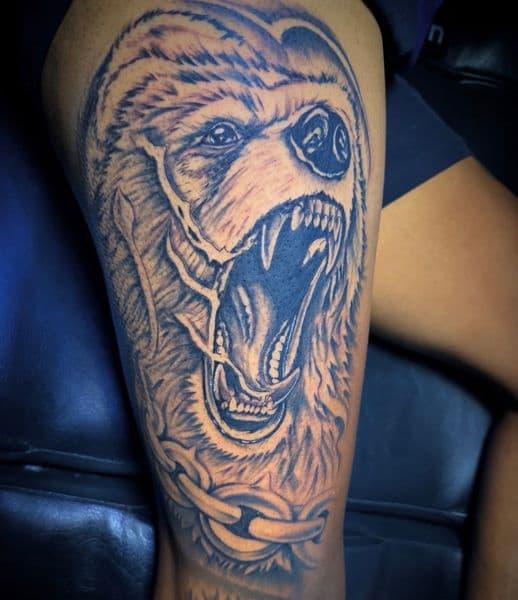 Black & Grey + Illustrative bear tattoo on Thigh by Inked_By_Tk on TattMe