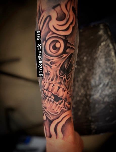 Black & Grey + Illustrative skull tattoo on Forearm by Inked_By_Tk on TattMe
