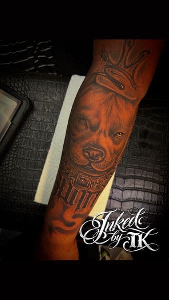 Black & Grey + Realism pitbull tattoo on Forearm by Inked_By_Tk on TattMe
