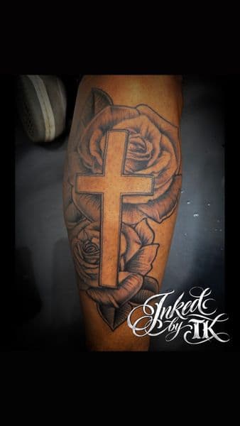 Black & Grey + Illustrative cross tattoo on Calf by Inked_By_Tk on TattMe