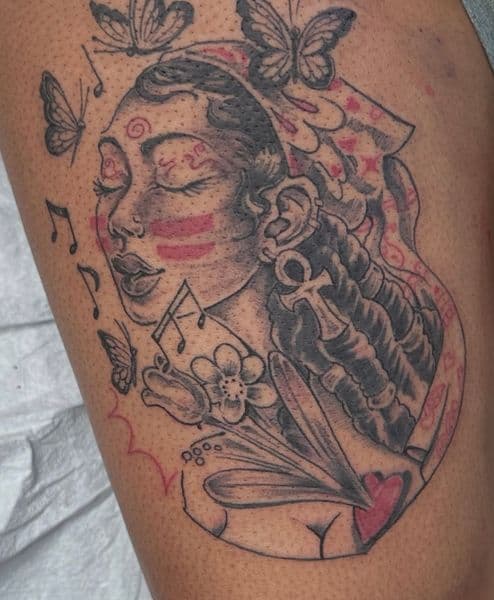 Black & Grey + Illustrative woman tattoo on Thigh by Lavan_Wright on TattMe