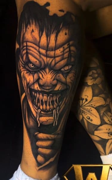 Black & Grey + Realism clown tattoo on Calf by Wrexx_Art on TattMe
