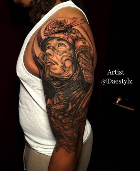 Black & Grey + Realism samurai tattoo on Half Sleeve by STYLZINK on TattMe
