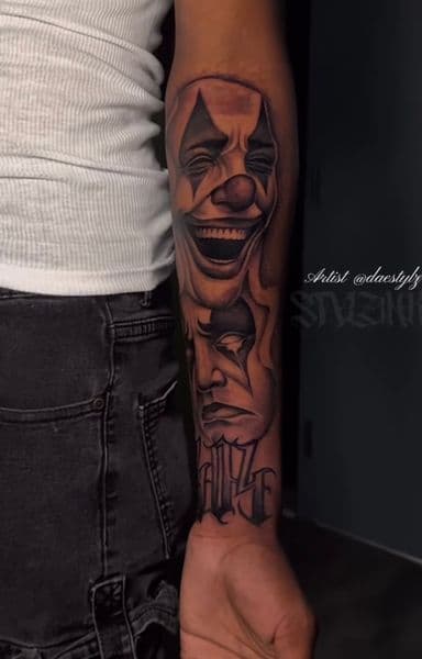 Black & Grey + Realism clown face tattoo on Forearm by STYLZINK on TattMe
