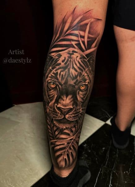 Black & Grey + Realism tiger tattoo on Calf by STYLZINK on TattMe